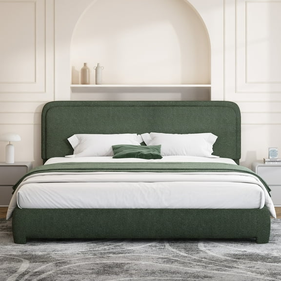 4 EVER WINNER King Size Bed Frame, Boucle Upholstered Bed Frame with Headboard, No Box Spring Required, Easy Assembly, Green
