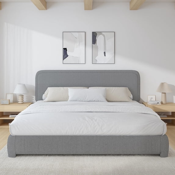 4 EVER WINNER King Size Bed Frame, Boucle Upholstered Bed Frame with Headboard, No Box Spring Required, Easy Assembly, Light Gray
