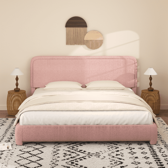 4 EVER WINNER King Size Bed Frame, Boucle Upholstered Bed Frame with Headboard, No Box Spring Required, Easy Assembly, Pink