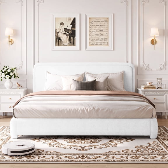 4 Ever Winner King Size Bed Frame, Boucle Upholstered Bed Frame with Headboard, No Box Spring Required, Easy Assembly, White