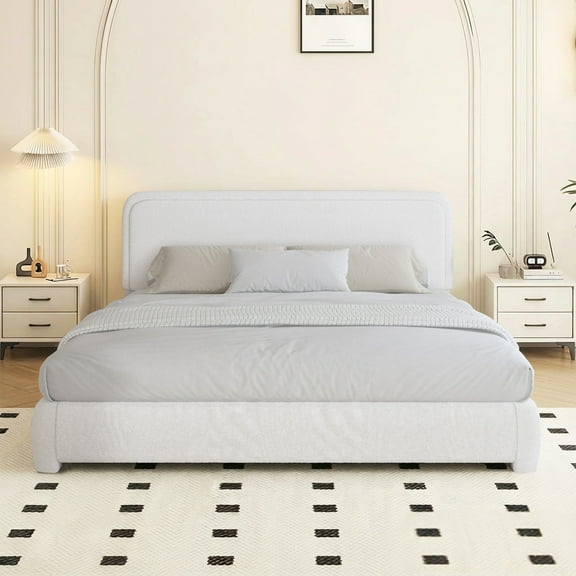 4 EVER WINNER King Size Bed Frame, Boucle Upholstered Bed Frame with Headboard, No Box Spring Required, Easy Assembly, White