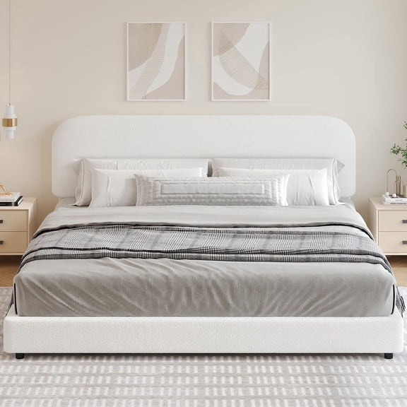 4 Ever Winner King Size Bed Frame,Cloud Boucle Upholstered Platform Bed Frame with Headboard, Soft Rounded Corners, No Box Spring Required, Non-Slip and Noise-Free, Easy Assembly, White