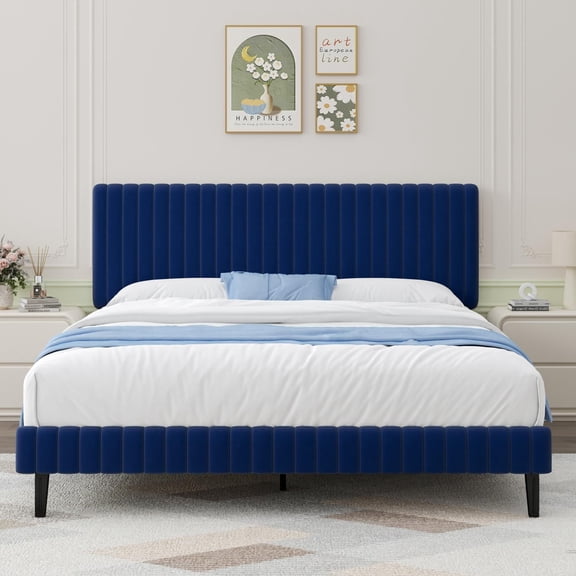 4 EVER WINNER King Size Bed Frame, King Size Upholstered Platform Bed Frame with Vertical Channel Tufted Headboard, Blue King Bed Frame, Blue