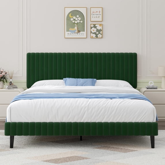 4 EVER WINNER King Size Bed Frame, King Size Upholstered Platform Bed Frame with Vertical Channel Tufted Headboard, Green King Bed Frame, Green