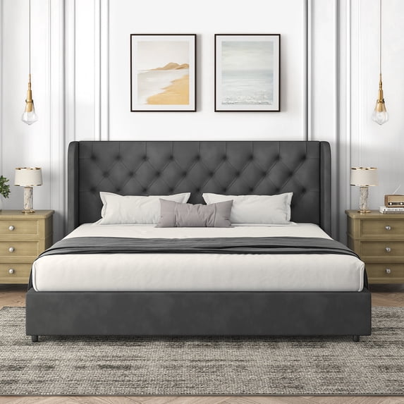 4 EVER WINNER King Size Bed Frame, Modern Upholstered Platform Bed Frame with Button Wingback Headboard, White