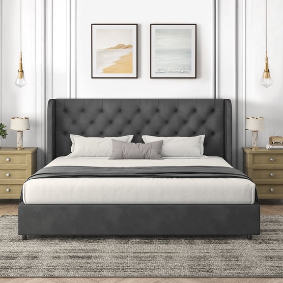 4 EVER WINNER King Size Bed Frame, Modern Upholstered Platform Bed Frame with Button Wingback Headboard, White