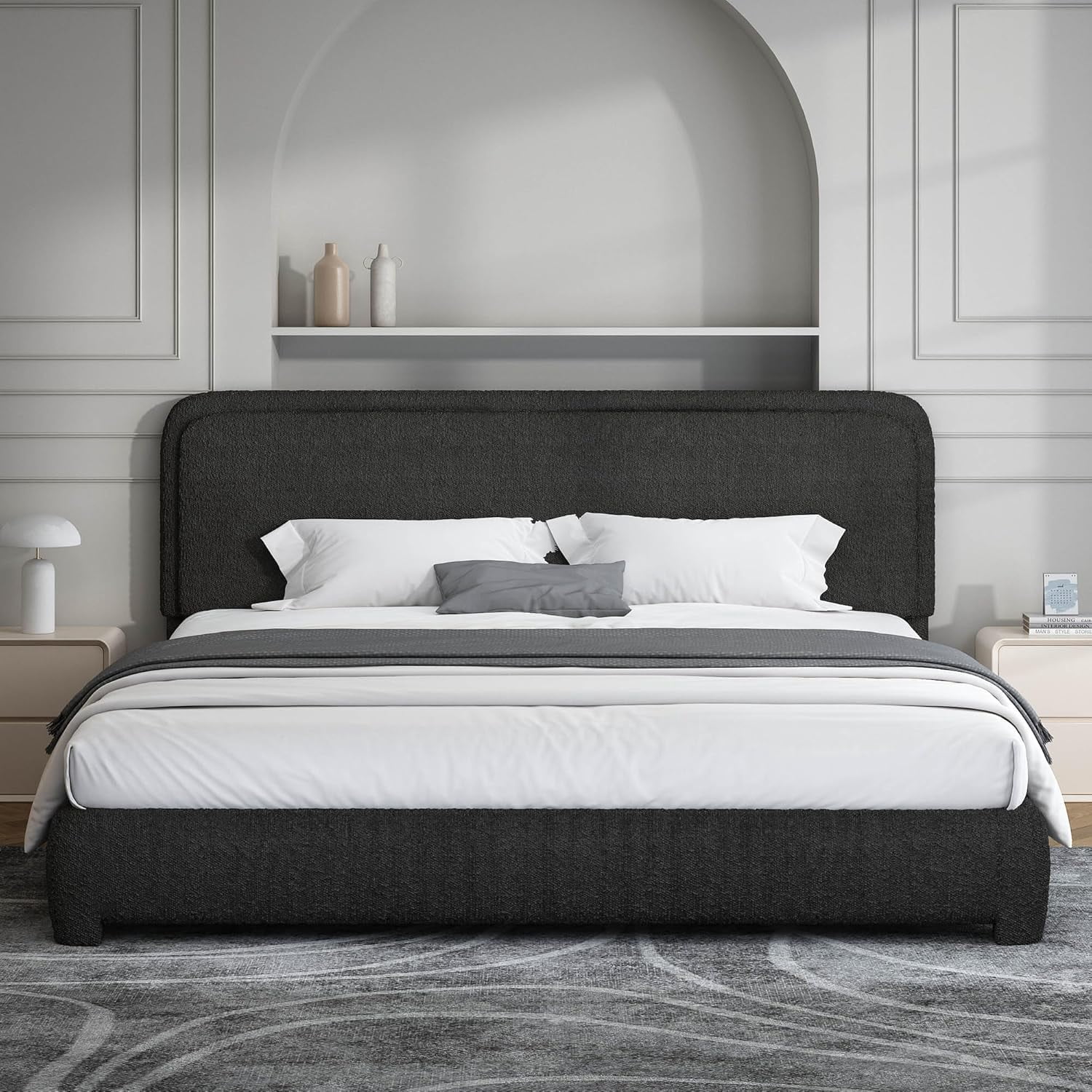 4 EVER WINNER King Size Bed Frame, Boucle Upholstered Bed Frame with Headboard, No Box Spring Required, Easy Assembly, Black