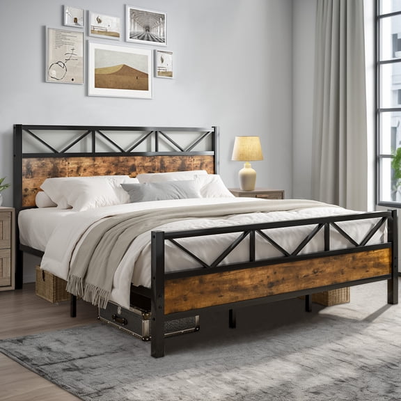 4 EVER WINNER King Size Bed Frame, Rustic Metal Bed Frame with 51" Wood Headboard, 12.2" Under-bed Storage Space, Brown