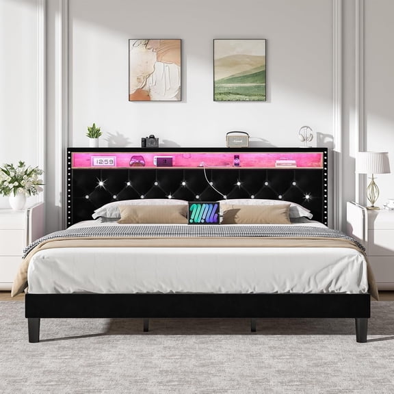 4 EVER WINNER King Size Bed Frame with Storage Headboard, Velvet Upholstered Bed Frame with LED Light, Black King Bed Frame with Charge Station, Black