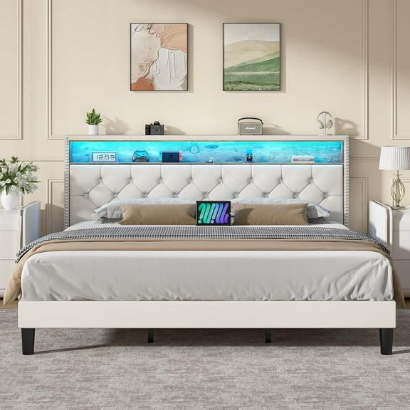 4 EVER WINNER King Size Bed Frame with Storage Headboard, Velvet Upholstered Bed Frame with LED Light, White King Bed Frame with Charge Station, White