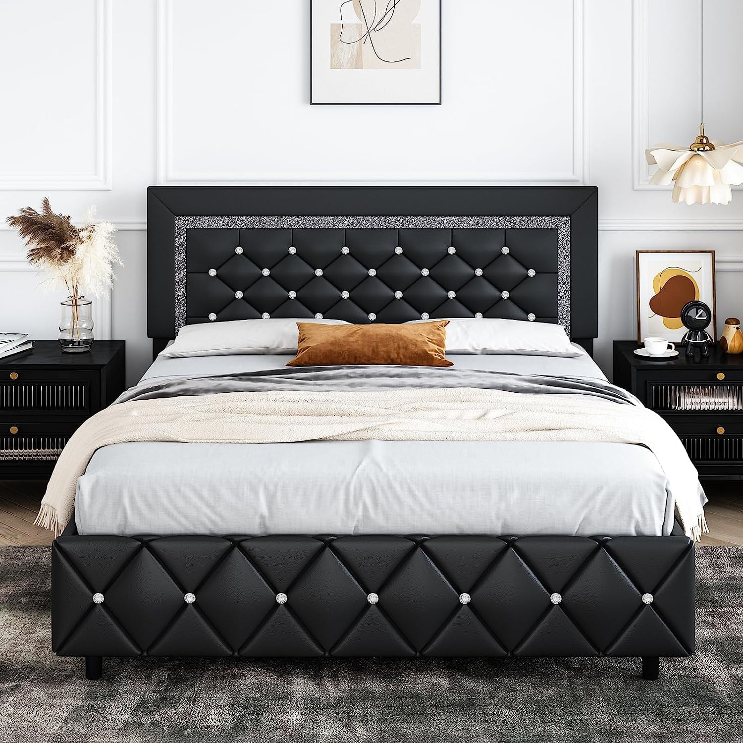 4 EVER WINNER King Size Bed Frame, Upholstered Platform Bed Frame with