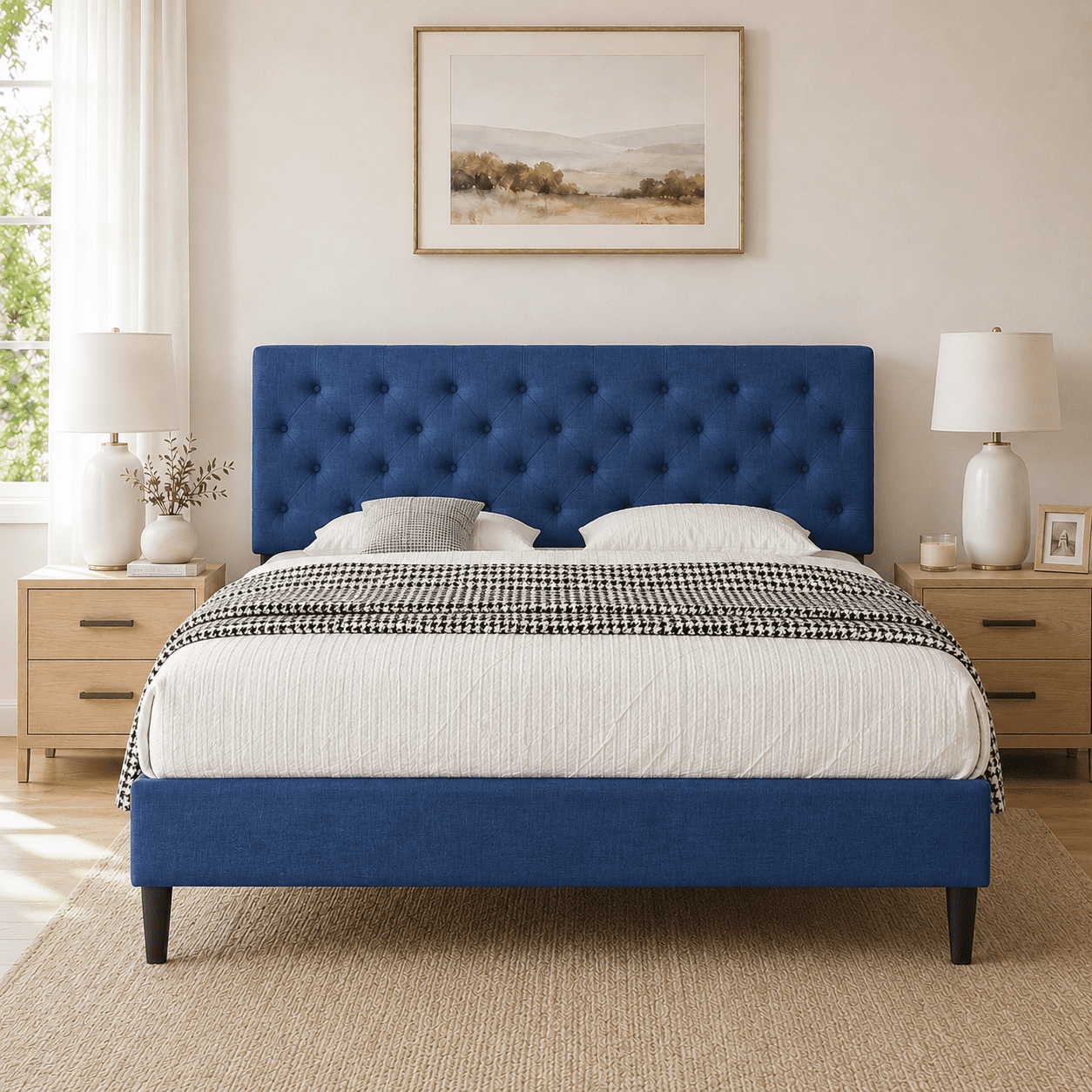 4 Ever Winner King Size Bed Frame, Upholstered Platform Bed with Headboard, Button Tufted Headboard, Blue