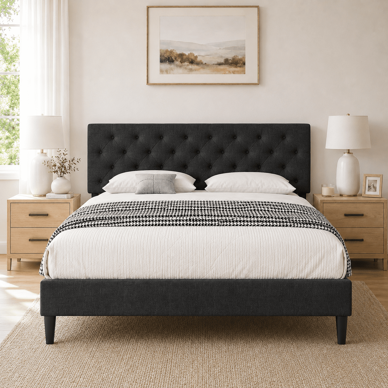 4 Ever Winner King Size Bed Frame, Upholstered Platform Bed with Headboard, Button Tufted Headboard, Dark Gray