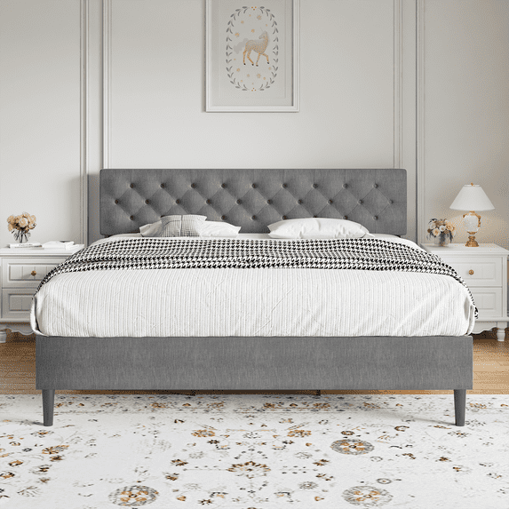 4 EVER WINNER King Size Bed Frame, Upholstered Platform Bed with Headboard, Button Tufted Headboard, Gray
