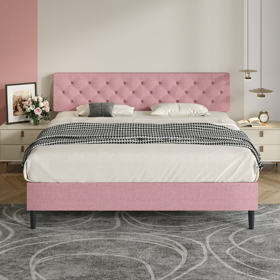 4 EVER WINNER King Size Bed Frame, Upholstered Platform Bed with Headboard, Button Tufted Headboard, Pink