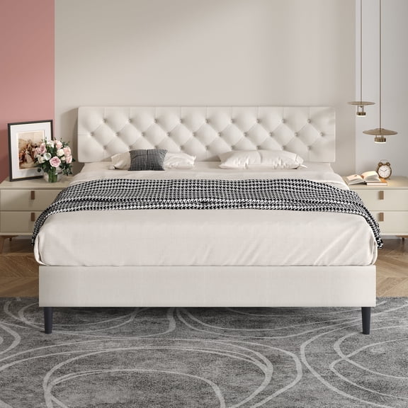 4 EVER WINNER King Size Bed Frame, Upholstered Platform Bed with Headboard, Button Tufted Headboard, White