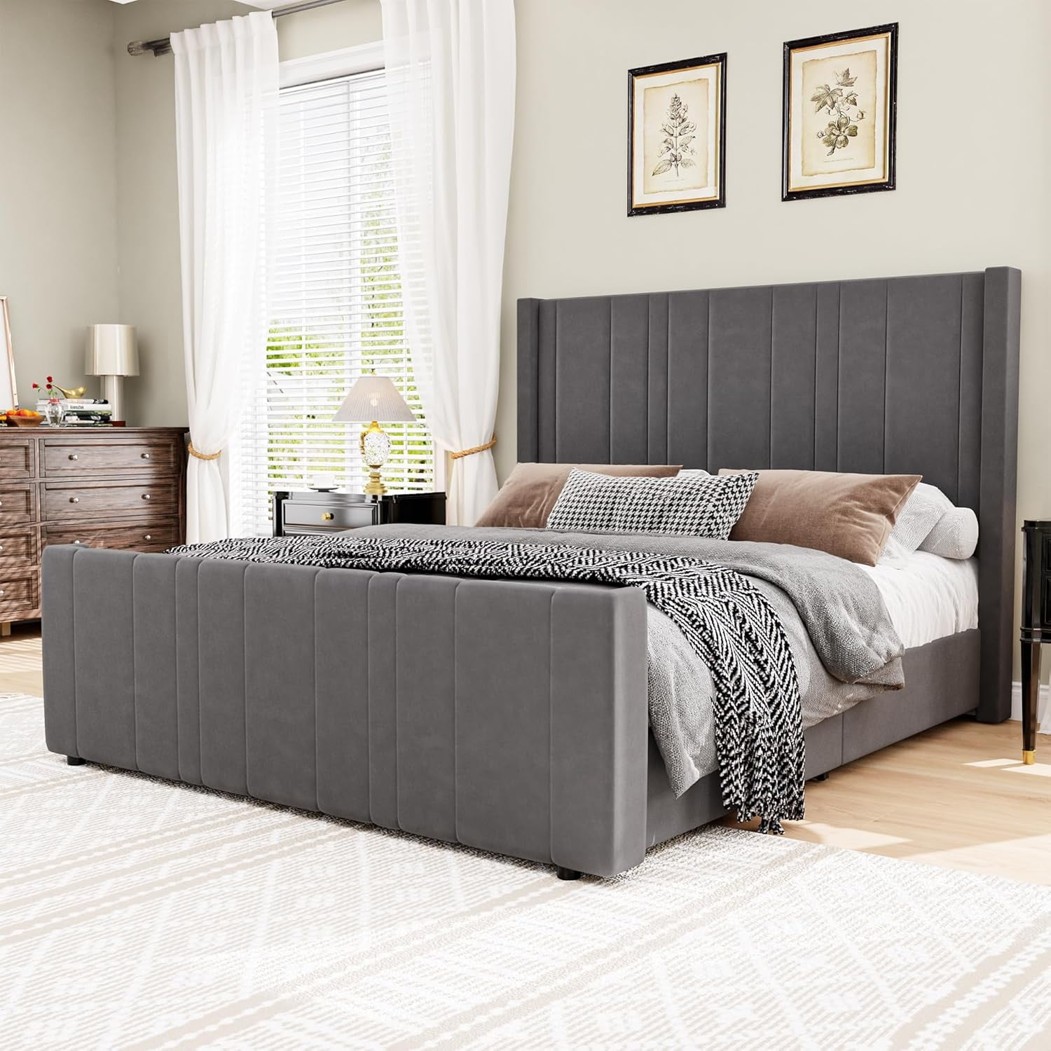 4 EVER WINNER King Size Bed Frame, Velvet Upholstered Platform Bed Frame with Headboard, Gray