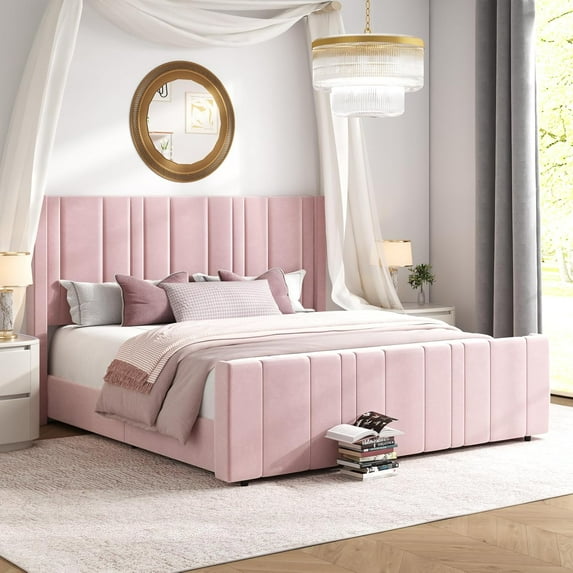 4 EVER WINNER King Size Bed Frame, Velvet Upholstered Platform Bed Frame with Headboard, White King Bed Frame, White