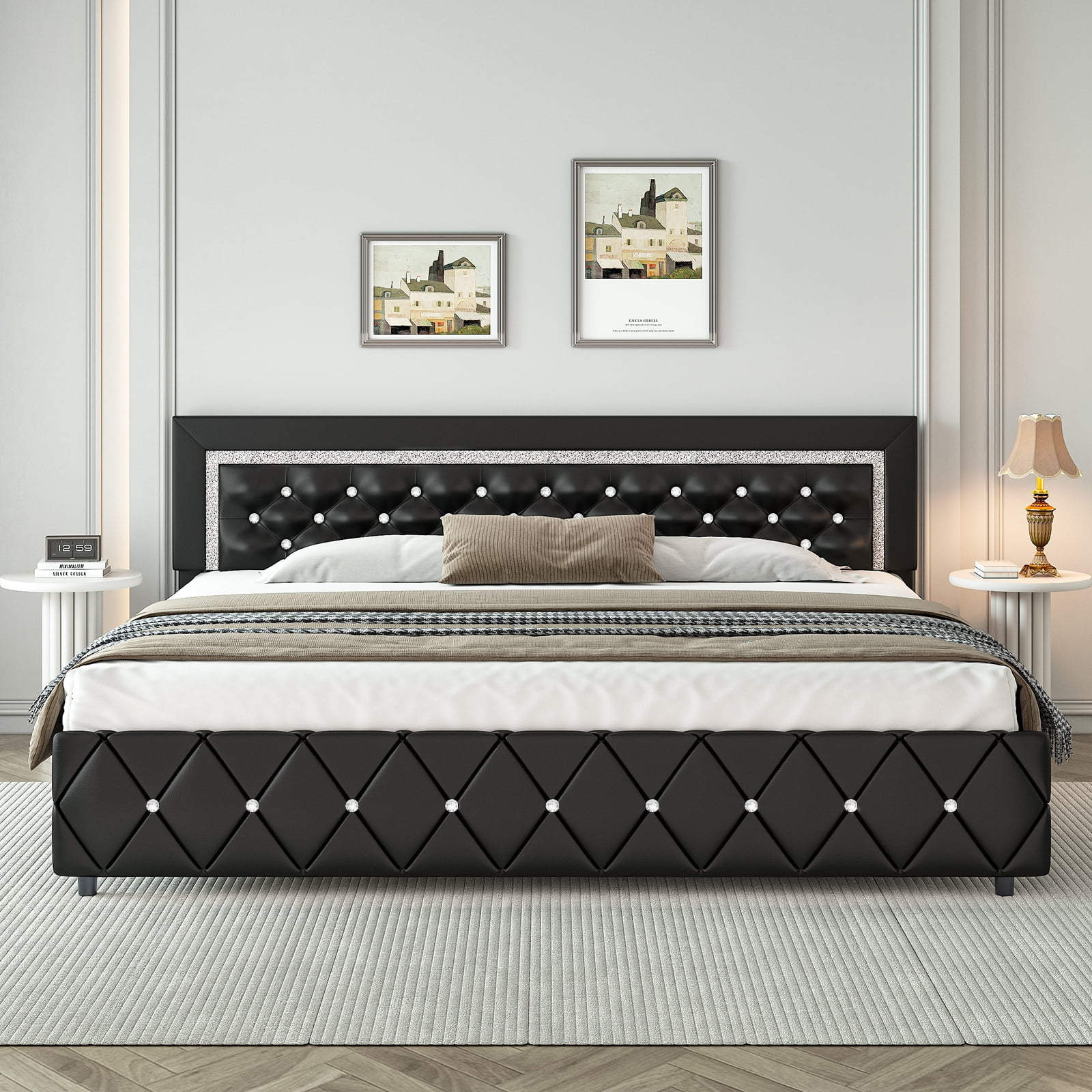 4 EVER WINNER King Size Bed Frame with Headboard, Black Upholstered Platform Bed Frame, Diamond Tufted Headboard & Footboard, Black