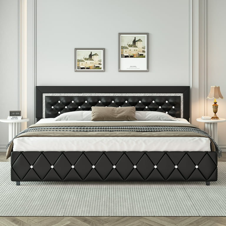 4 Ever Winner King Size Bed Frame with Headboard Black Upholstered Platform Bed Frame Diamond Tufted Headboard Footboard Black