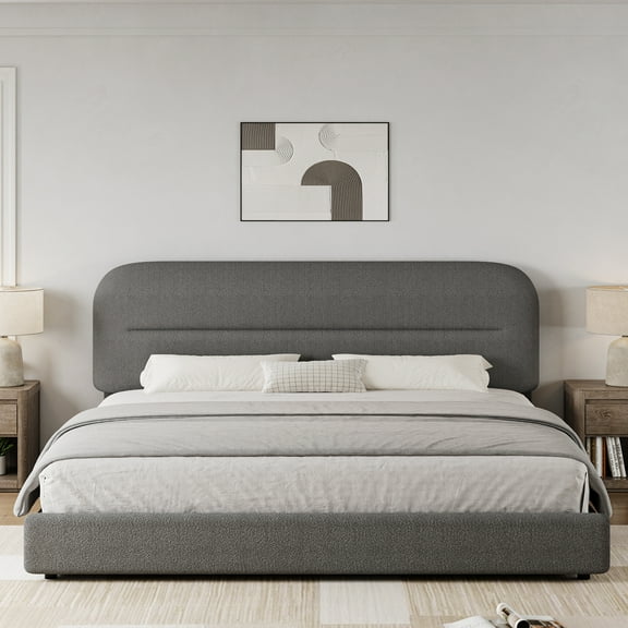 4 EVER WINNER King Bed Frame with Headboard, Boucle Upholstered Platform Bed Frame wiith Rounded Corner, Soft Cloud Bed Frame, No Box Spring Needed, Gray