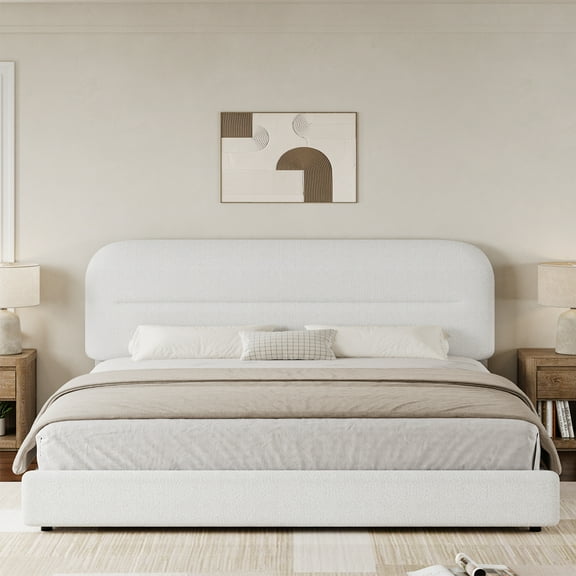 4 EVER WINNER King Bed Frame with Headboard, Boucle Upholstered Platform Bed Frame wiith Rounded Corner, Soft Cloud Bed Frame, No Box Spring Needed, White