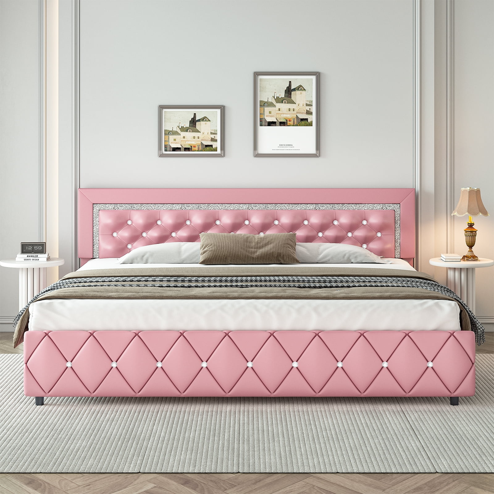 Pink headboard king size bed discount