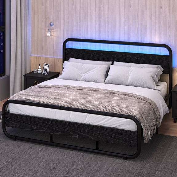 4 EVER WINNER King Size LED Bed Frame, Black Metal Platform Bed Frame with LED Headboard, Rustic Wood Headboard, No Box Spring Needed, Black