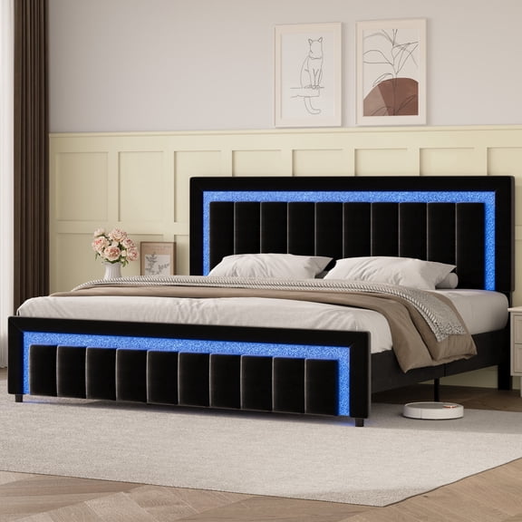 4 EVER WINNER King Size Black Velvet Bed Frame, Striped Diamond-Detailed Headboard & Footboard with LED Lights, Stable Quiet, No Box Spring Required