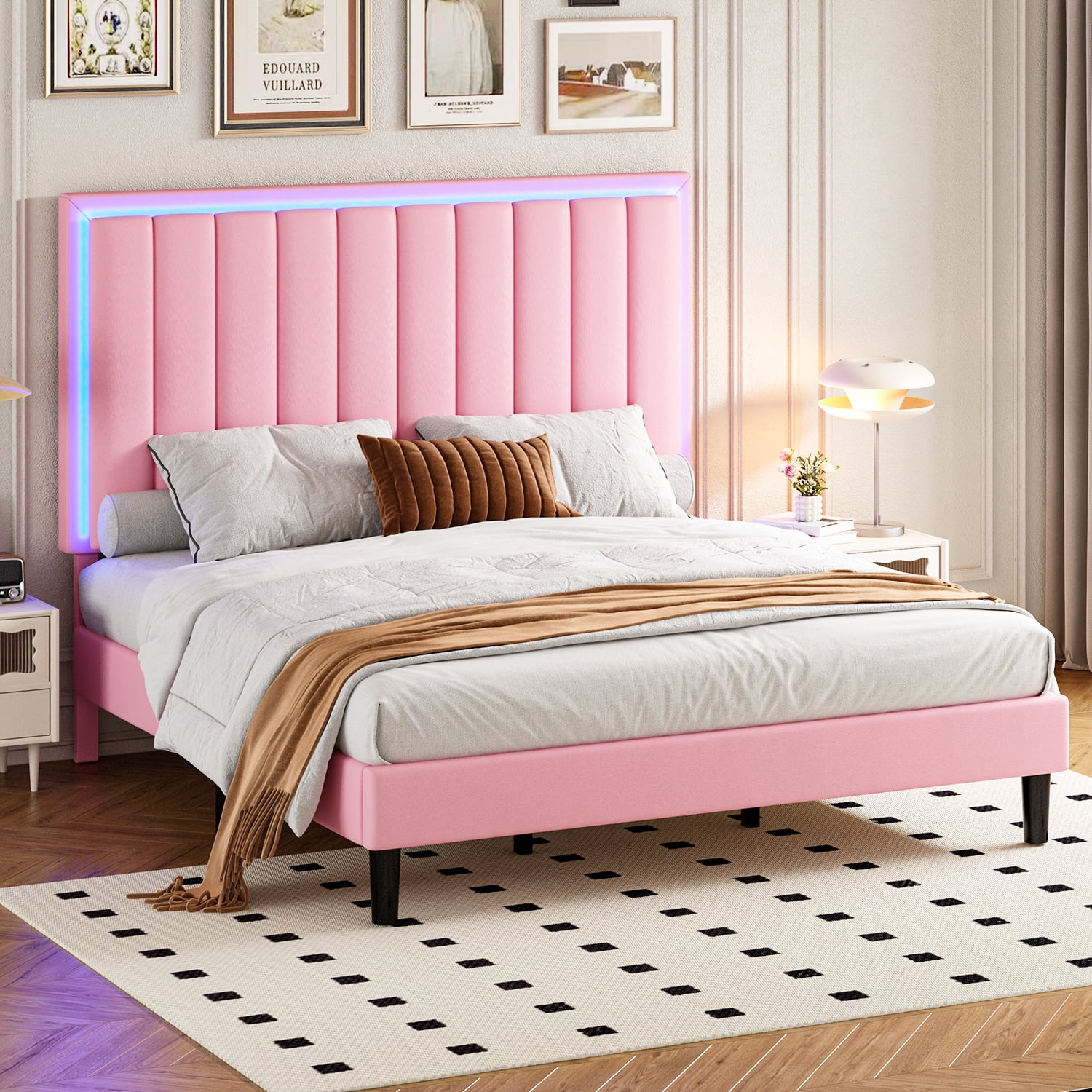 4 EVER WINNER King Size LED Bed Frame King Bed Frame with LED Light Headboard Pink Bed Frame for Grils Pink