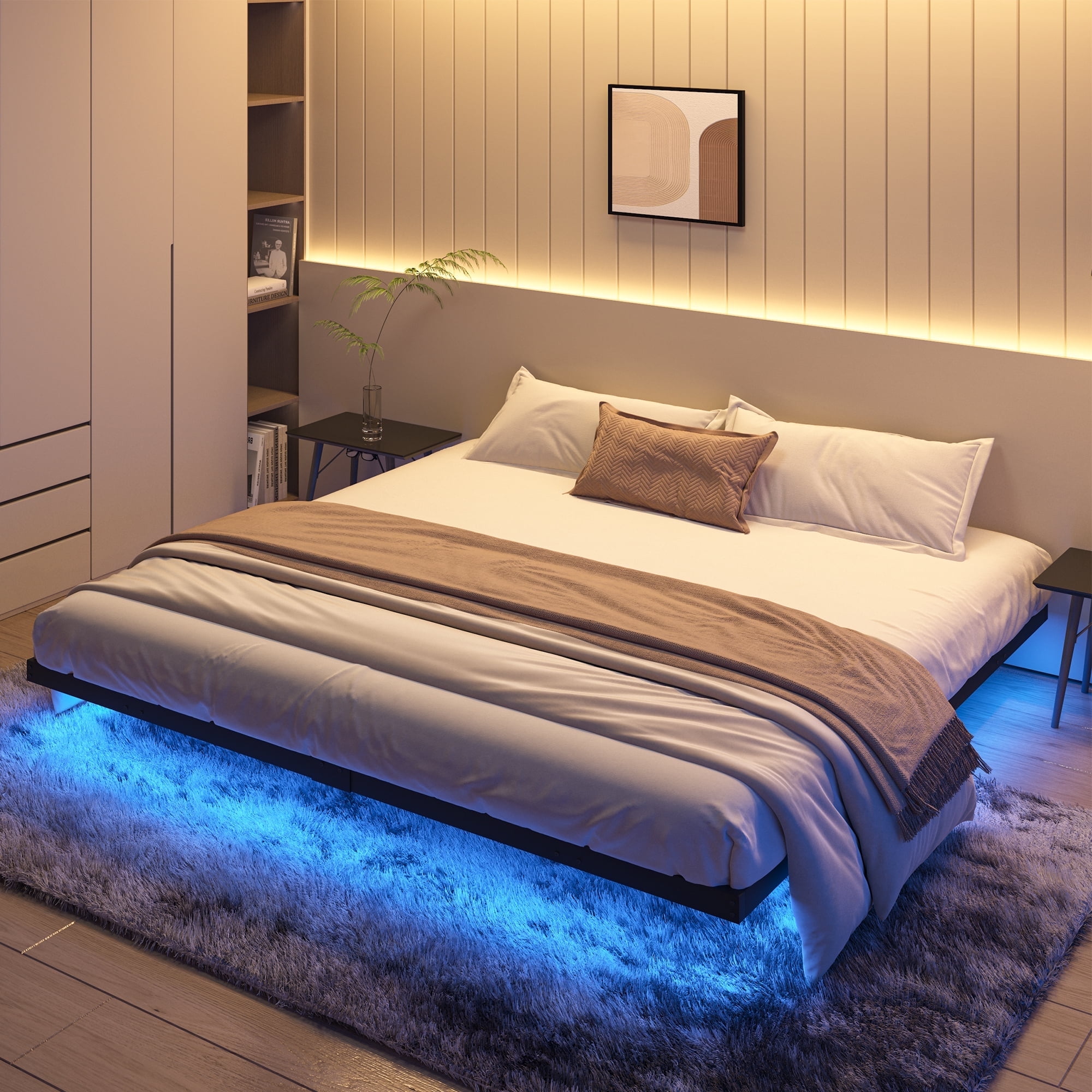 4 EVER WINNER Floating Bed Frame, King Size Metal Platform Bed with LED Lights, No Box Spring Needed, Black