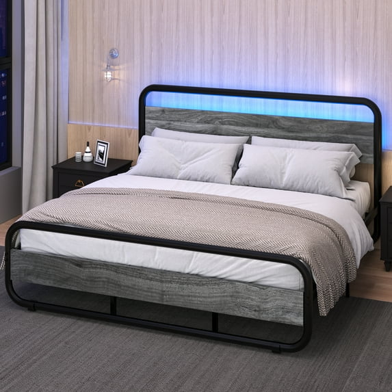 4 EVER WINNER King Size LED Bed Frame, Metal Platform Bed Frame with LED Headboard, Rustic Wood Headboard, No Box Spring Needed, Gray