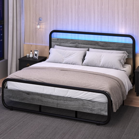 4 EVER WINNER King Size LED Bed Frame, Metal Platform Bed Frame with LED Headboard, Rustic Wood Headboard, No Box Spring Needed, Gray
