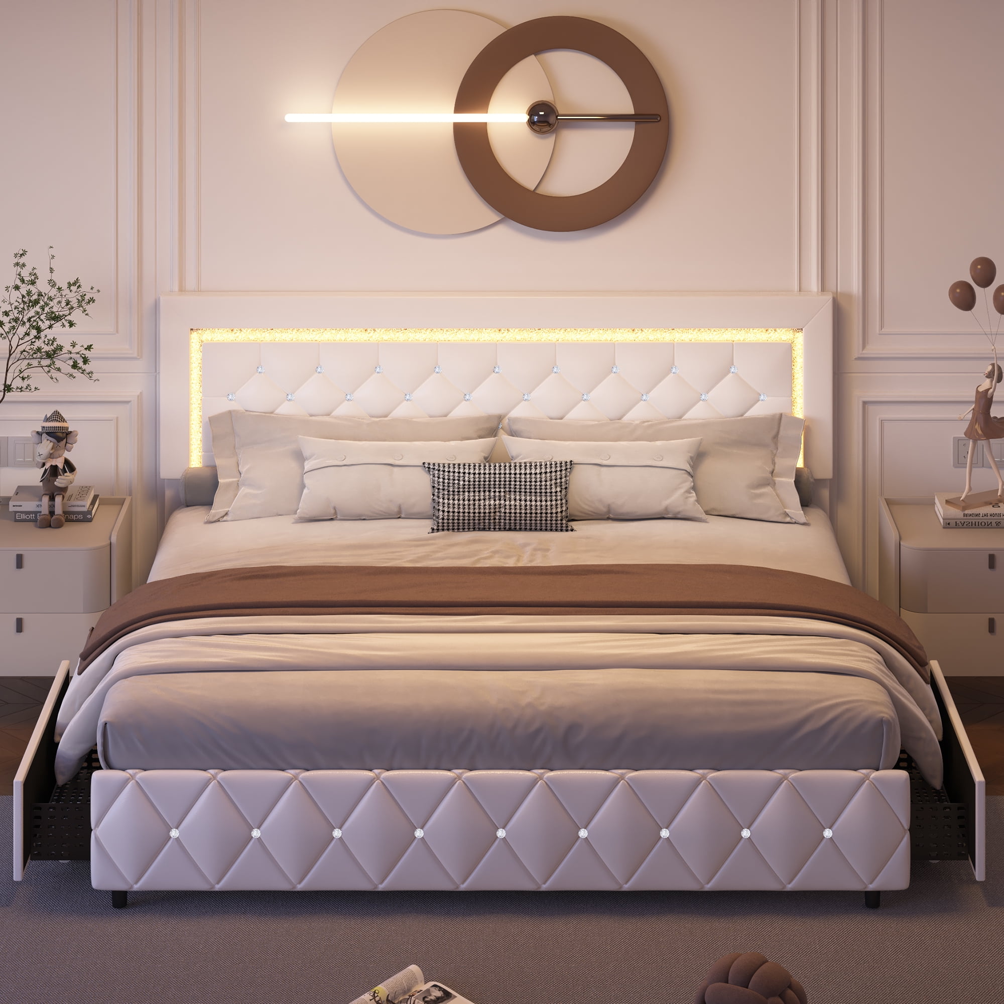 4 EVER WINNER King Size LED Bed Frame with Storage, Upholstered Platform Bed with 4 Drawers, Adjustable LED Lights Headboard, White