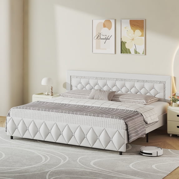 4 EVER WINNER King Size Upholstered Bed with Diamond Headboard and Footboard, White