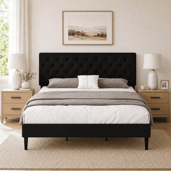 4 Ever Winner King Size Upholstered Platform Bed Frame with Headboard, Black