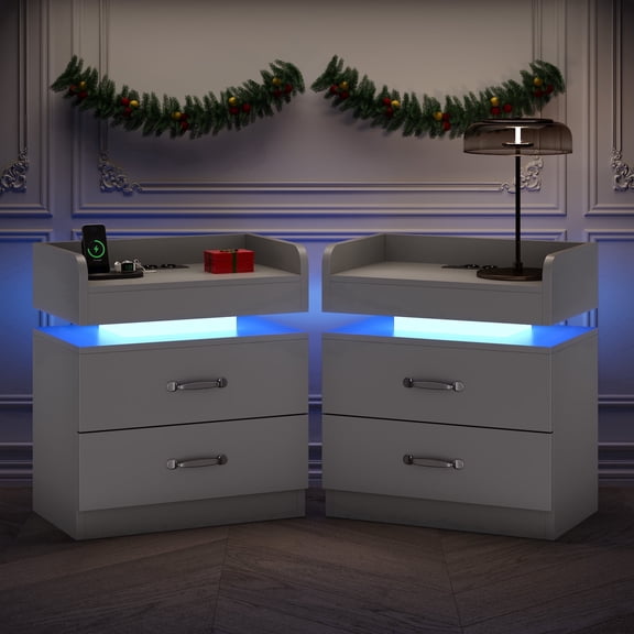 4 EVER WINNER LED Nightstands Set of 2, Modern Grey Night Stand End Tables with LED Lighting & Charging Station, 2 Drawers, Open Shelf Storage, Bedside Tables for Bedroom & Living Room