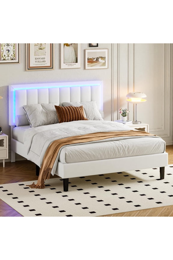 4 Ever Queen Size LED Bed Frame, Upholstered Footboard, White