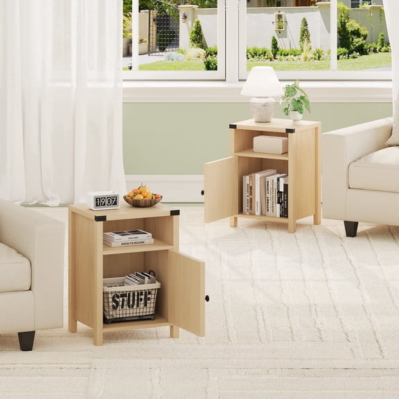 4 EVER WINNER Light Oak 2-Pack Barn Door Side Tables, Minimalist Storage End Tables, Practical Accent Tables for Dining & Living Room