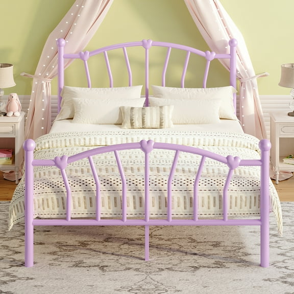4 EVER WINNER Full Size Metal Platform Bed Frame with Heart-Shaped Decorative Headboard and Footboard, 12.2" Under bed Storage Space, Purple
