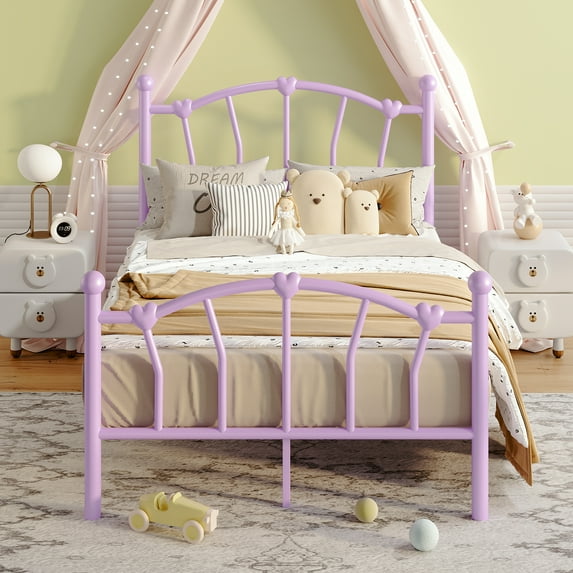 4 EVER WINNER Twin Size Metal Platform Bed Frame with Heart-Shaped Decorative Headboard and Footboard, 12.2" Under bed Storage Space, Purple