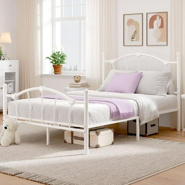 4 EVER WINNER Twin Size Metal Platform Bed Frame with Heart-Shaped Decorative Headboard and Footboard, 12.2" Under bed Storage Space, White