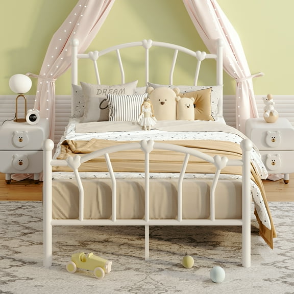 4 EVER WINNER Twin Size Metal Platform Bed Frame with Heart-Shaped Decorative Headboard and Footboard, 12.2" Under bed Storage Space, White