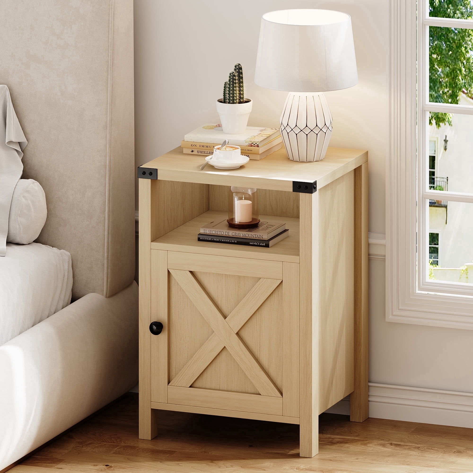 4 EVER WINNER Minimalist Barn Door Side Table, Light Oak Storage End Table, Compact Accent Table for Balcony & Kids’ Room
