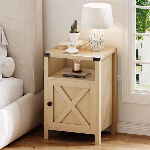 4 EVER WINNER Minimalist Barn Door Side Table, Light Oak Storage End Table, Compact Accent Table for Balcony & Kids’ Room