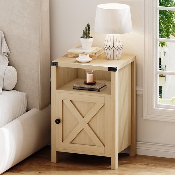4 EVER WINNER Minimalist Barn Door Side Table, Light Oak Storage End Table, Compact Accent Table for Balcony & Kids’ Room