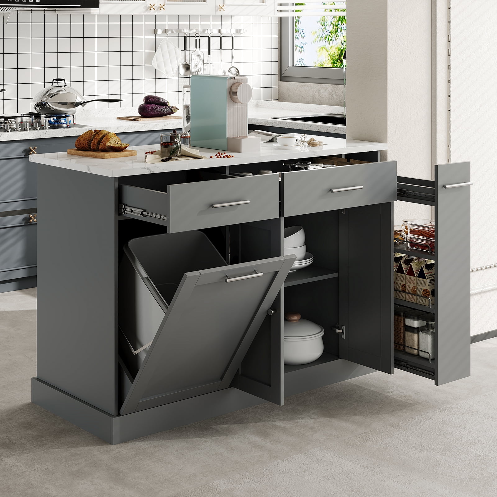 4 EVER WINNER Mobile Kitchen Island on Wheels, Kitchen Island Table with Marble Countertop, Trash Can Storage & Spice Rack, Multi-Functional Rolling Kitchen Cart for Home, Gray