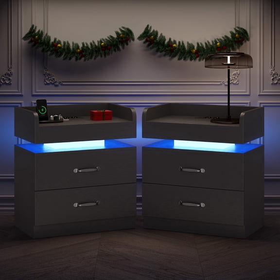 4 EVER WINNER Modern Black Nightstand Set of 2 with Charging Station and LED Lights Modern Bedside Tables with Drawers End Tables for Bedroom Living Room