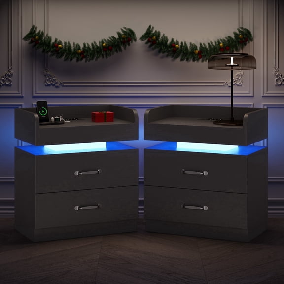 4 EVER WINNER Modern Black Nightstand Set of 2 with Charging Station and LED Lights Modern Bedside Tables with Drawers End Tables for Bedroom Living Room