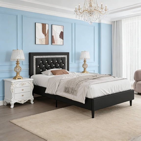 4 EVER WINNER Modern Black Twin Bed Frame with Diamond Tufted Headboard, Upholstered Platform Bed with Glitz Accent, Heavy-Duty Wood Slat Support, No Box Spring Needed, Tool-Free Assembly